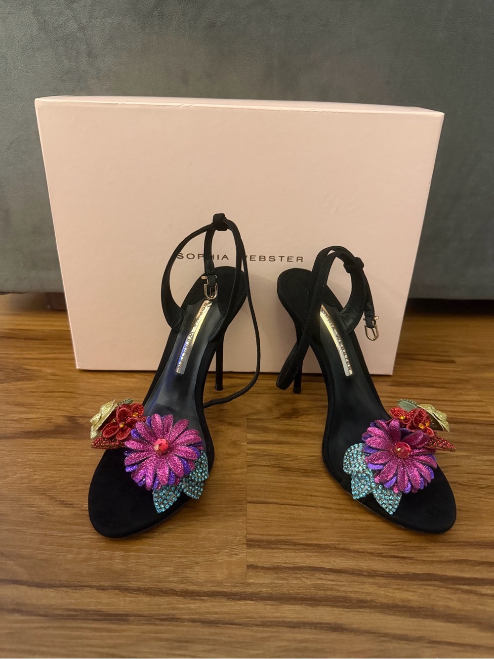 Sophia Webster Glitter & Crystal Lilico Heels with Floral Appliqués 38.5 NIB